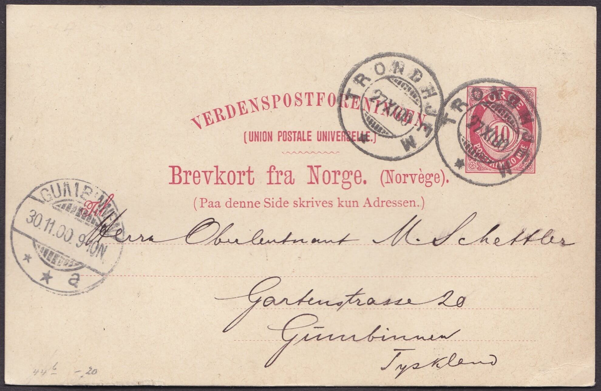 Postkarte Norwegen 1900 (AsNr. 44b) Ganzstuecke.de